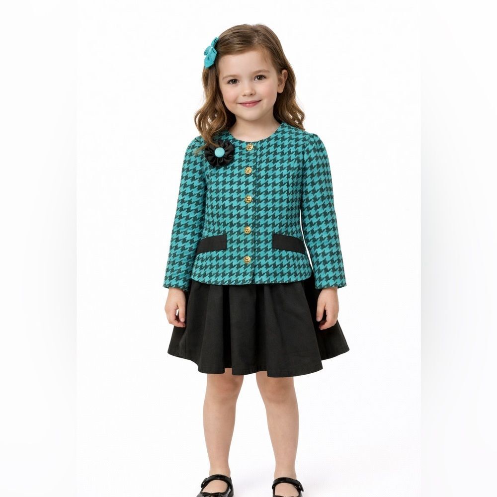 Vintage 90s Nannette Girls' Teal and Black Houndstooth Jacket and Skirt Set